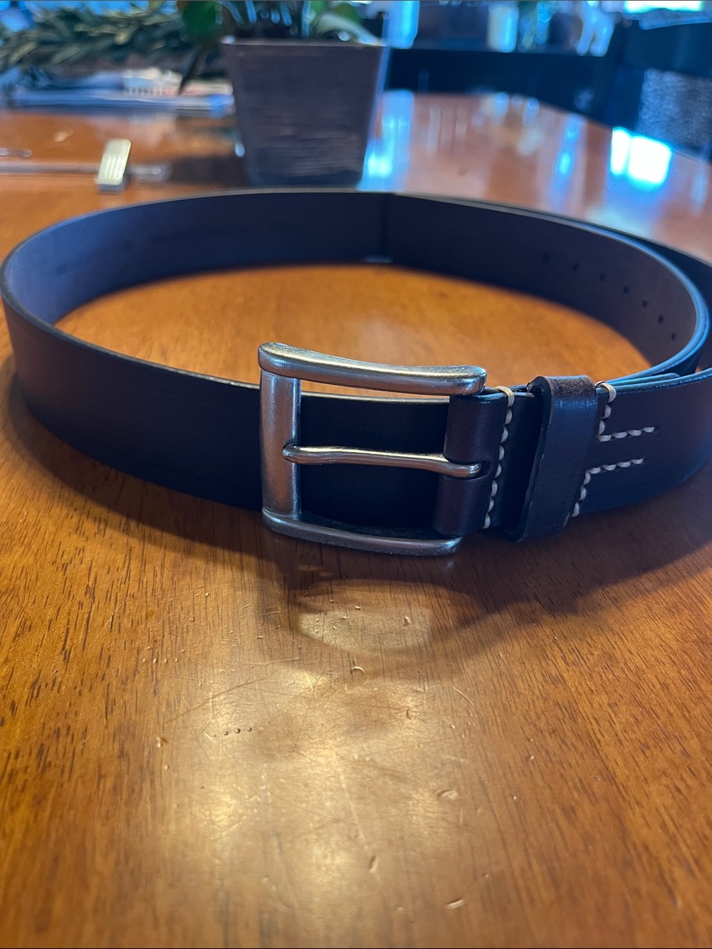 Men's Classic Brown Leather Belt with Silver Buckle